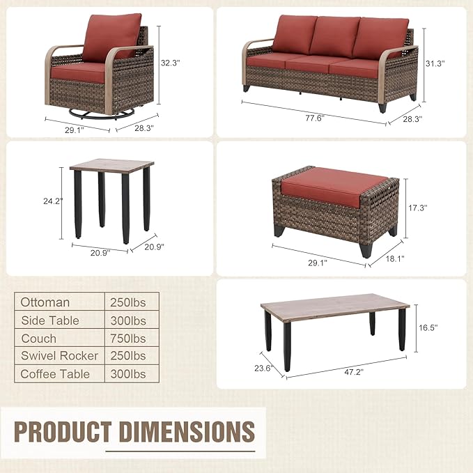 Modern Wicker Patio Furniture Set, Rattan Outdoor Conversation Set, 4 Swivel Rocking Chairs, 3 Seat Couch, 2 Ottomans, Coffee Table and Side Table, 9 Pieces, Brown/Red