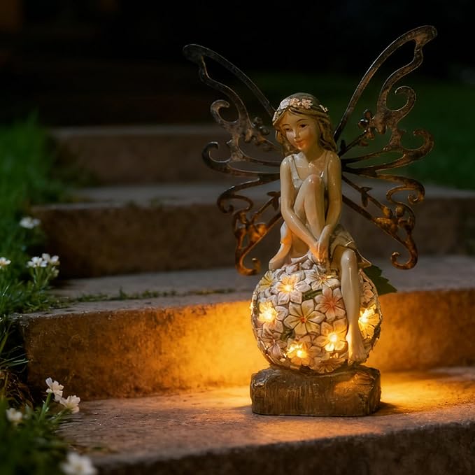 Suyorpe Solar Garden Fairy Statues Light Outdoor Decor - Fairies for Fairy Garden Housewarming Ornament for Patio, Lawn, Yard, Pathway Unique Gift Ideas for Gardening Mom Grandma ﻿