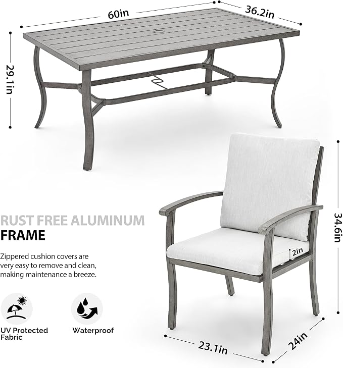 HAPPATIO 7 Piece Patio Dining Set, Aluminum Outdoor Dining Set for 6, Aluminum Dining Table and Chairs Set, Patio Furniture with Table, Chairs and Washable Cushions (Gray)