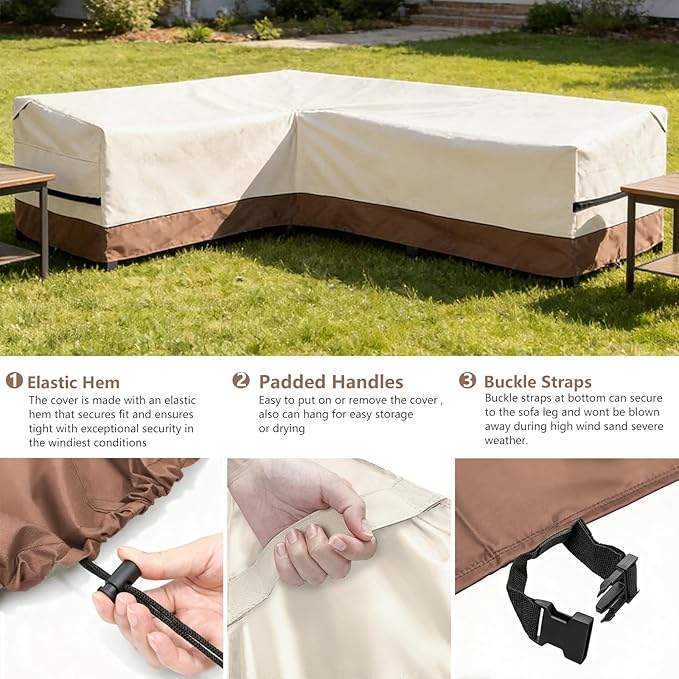 okcool Outdoor Sectional Sofa Cover Waterproof-L-Shaped Patio Furniture Covers for 6-Seater Outdoor Sectional Furniture Couch 85"(110''L) x 32''D x 31''H, Beige & Brown