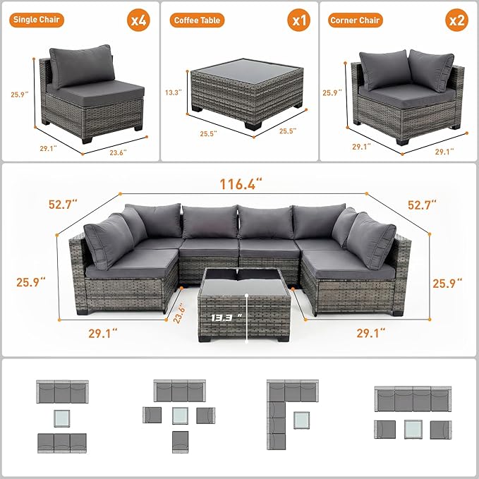 7-Piece Outdoor Wicker Furniture Set, PE Rattan Sectional Sofa with Coffee Table, All-Weather Patio Conversation Set with Thick Cushions for Backyard (Gray)