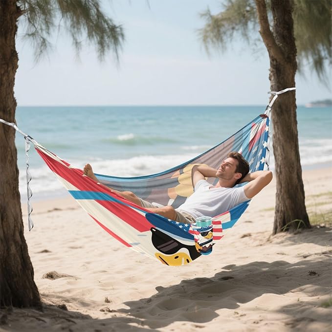 Cartoon Cute Brown Bird 4th of July Independence Day 330lb Capacity Outdoor Hammock with Portabl Carry Bag Portable Hammock for Outside Patio Garden macas mexicanas de Patio para Adulto