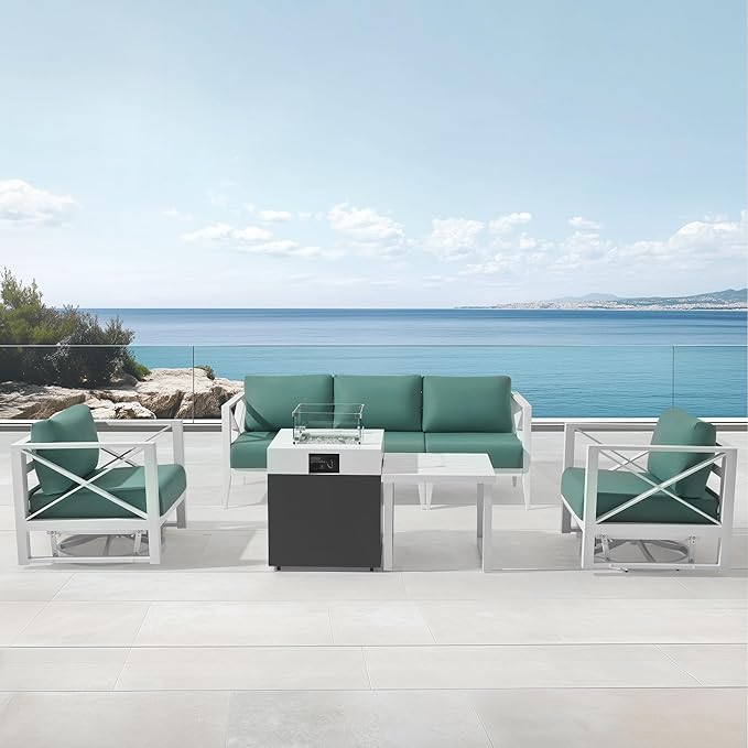 MBY 7-Piece Aluminum Patio Furniture Set with Fire Pit Table, Swivel Rocking Chairs & Oversized Sofa, All-Weather Outdoor Conversation Set for Backyard, Deck, Balcony – White