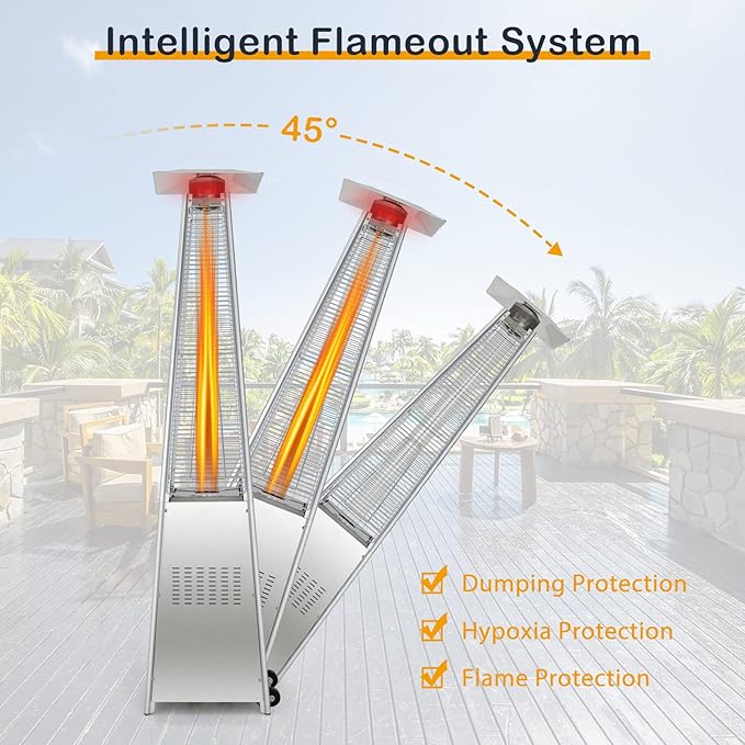 COSTWAY 42,000 BTU Stainless Steel Pyramid Outdoor Propane Heater With Wheels and Glass Tube, Auto Shut Off Protection, Freestanding Quartz for Backyard, Garden, Silver