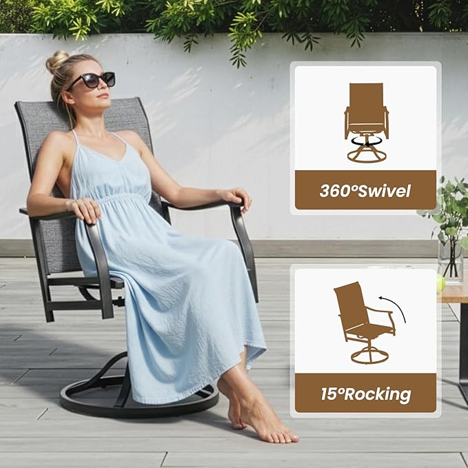Soohow 7-Piece Outdoor Dining Set, Round Table Patio Dining Set for 6, 6 x Swivel Patio Chairs and 1 x 47 Round Outdoor Dining Table, for Poolside, Backyard and Proch