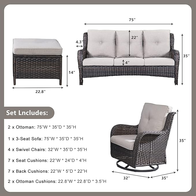 Rilyson Wicker Patio Furniture Set - 7 PC Rattan Outdoor Sectional Conversation Sets with 4 Swivel Rocking Chairs,2 Ottomans and 1 Sofa for Porch Deck Garden(Brown/Beige)
