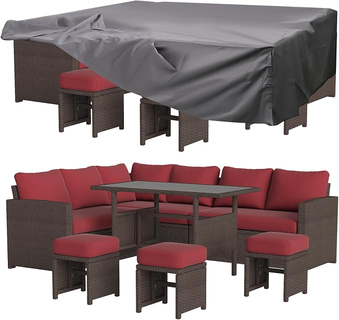 U-MAX 7 Pieces Patio Furniture Set with Waterproof Cover, Outdoor Sectional Sofa Conversation Set, All Weather Wicker Rattan Dining Table & Chair with Ottoman, Brown Rattan&Wine Red Cushion