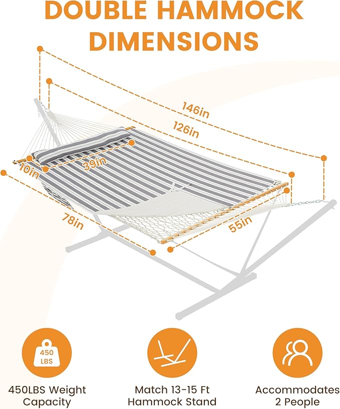 Lazy Daze Hammocks Rope Hammock with Pad, Spreader Bar, Carabiners, Tree Straps, Chains for Outside Patio- Max 450 Lbs, Light Grey Stripes