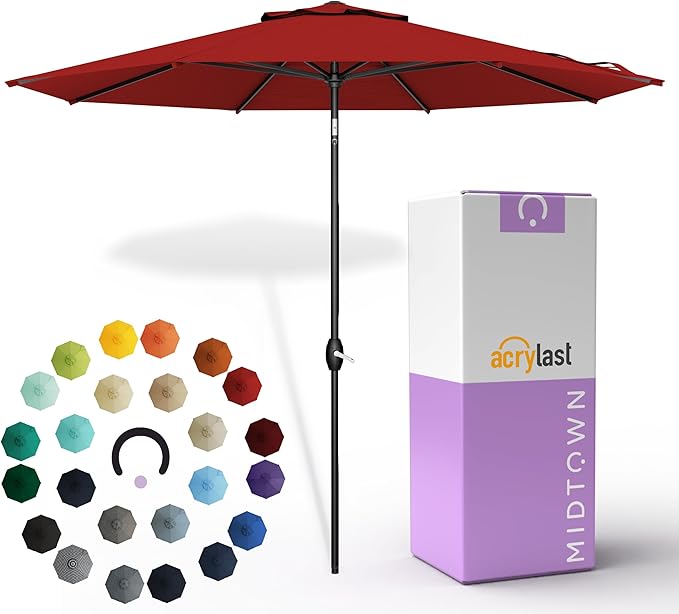 Midtown Umbrellas – The Lean 9 Ft Patio Umbrella with 10-Year-No-Fade Acrylast Acrylic Fabric, Auto-Tilt and 8 Reinforced Ribs for Deck, Pool, Garden, Hotel & Cafes – Regatta Red Canopy, Black Pole