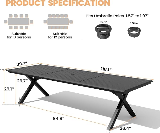 Pellebant 118" Aluminum Outdoor Patio Dining Table for 10-12, 10ft Weather-Resistant Black Tabletop with Umbrella Hole, Sturdy Frame – Large for Deck, Porch, Poolside
