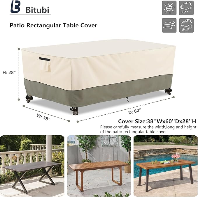 Bitubi 60 Inch Rectangular/Oval Patio Table Cover,Heavy Duty Waterproof Outdoor Dining Table Cover Winter, Patio Furniture Covers, Beige