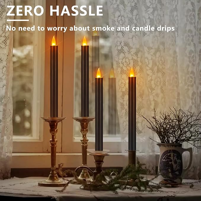 wemarry Flameless Taper Candles 10" Dripless Battery Operated Taper Candles Included Remote Timer 400+ Hours by 2AA Batteries for Halloween Christmas Wedding (Black, 12 Pack)