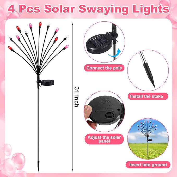Rossesay 4 Pcs St Patricks Day Outdoor Decorations Solar Lights Waterproof Green 48 LED Swaying Pathway Firefly Stake Lights for Outside Yard Garden Lawn Decorations(Pink White,Pine Cone)