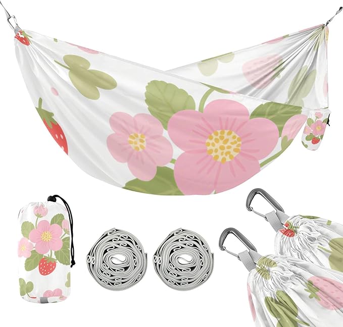 Cute Red Strawberries and Pink Flowers 330lb Capacity Hammocks with Portabl Carry Bag Tree Hammock for Outside Beach Patio Garden macas mexicanas de Patio para Adulto