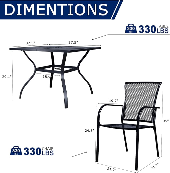 5 Piece Outdoor Dining Set, Patio Table and Chairs Set of 4, 37.5" Black Square Patio Table with 4 Metal Stackable Patio Chairs for Lawn, Garden, Porch