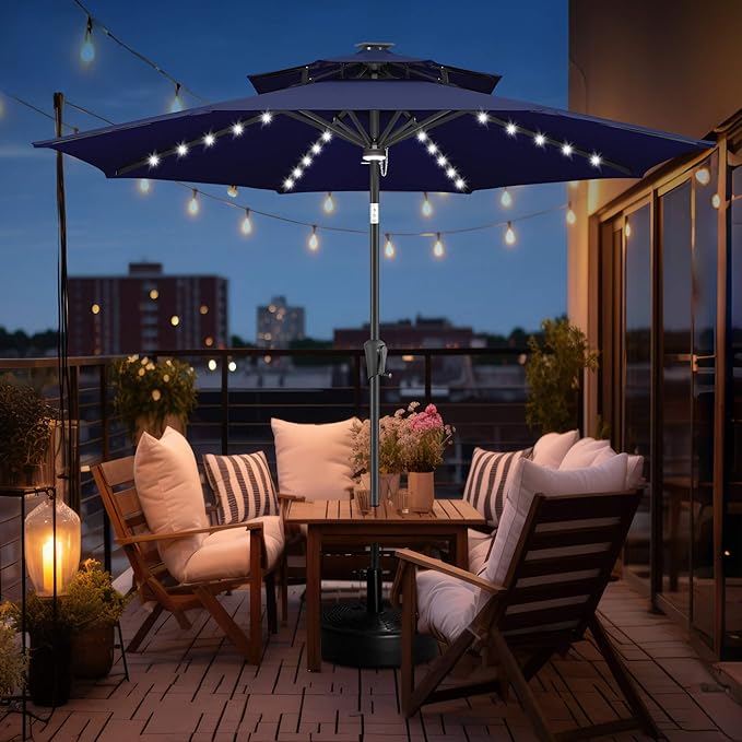 FLAME&SHADE 2 Tiers 9ft Solar Light Patio Umbrella, 40 LED lights outdoor umbrella with Centre Surround Light, Table Market Umbrella for Deck, Pool, Porch, Backyard, Garden (Navy Blue)