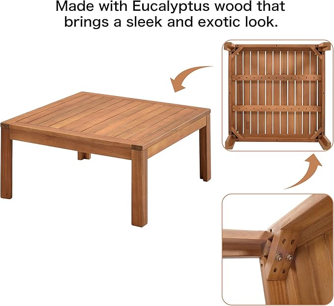 Patio Furniture 4 Pieces Conversation Sets, Acacia Wood Outdoor Sectional Furniture Conversation Sets with Cushions and Coffee Table for Garden Backyard Balcony and Porch (Gray)
