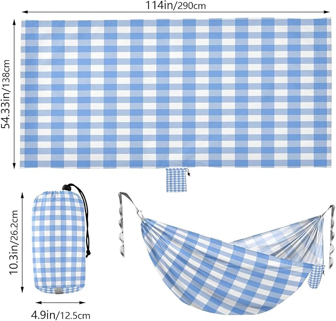 Qilmy Blue and White Plaid Pattern Camping Hammock Single – 330 lbs Capacity, Lightweight with Tree Straps & Carabiners, Portable for Hiking, Travel, Backpacking