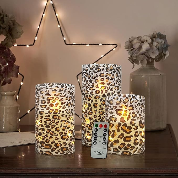 Flickering Flameless Candles, Recessed String Light LED Candles 3D Wick Acrylic Battery Operated LED Pillar Candles with Remote and Timer for Modern Simple Home Decor Set of 3(Leopard)