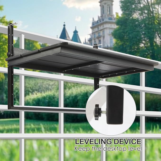 Balcony Railing Hanging Table Outdoor Folding Balcony Bar Table for Railings, Fit Railings 1" to 5.5", Adjustable Height Deck Railing Table for Garden Patio, 47.2" x 15.0", Black