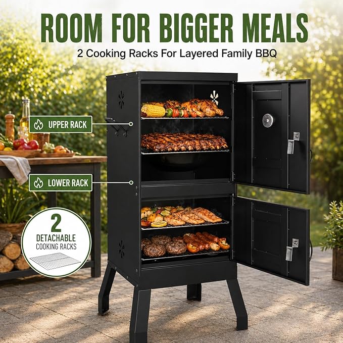 Vertical Charcoal Smoker, 2-in-1 Smoker Grill, BBQ Smoker for Meat, Outdoor Smoker for Backyard Patio | Double Door Easy Access | 2 Cooking Racks, 4 Air Vents, Built-In Thermometer