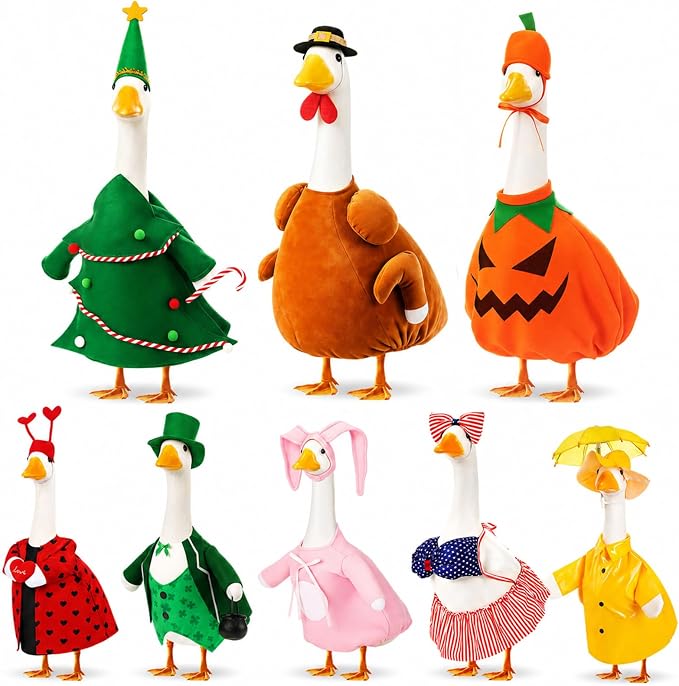 FuWeave 8 Set Holiday Porch Goose Outfits 23'' Goose Clothes Summer Fall Halloween Christmas Winter Thanksgiving Valentine St. Patrick Easter 4th of July Lawn Porch Geese Costume for Patio Yard Decor