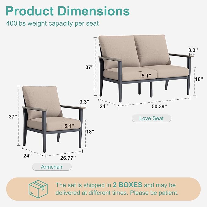 4-Seat Outdoor Patio Furniture Set Aluminum Sectional Sofa Set, Patio Conversation Set with High Backrest & Thickened Cushions for Garden, Backyard, Poolside, Sand