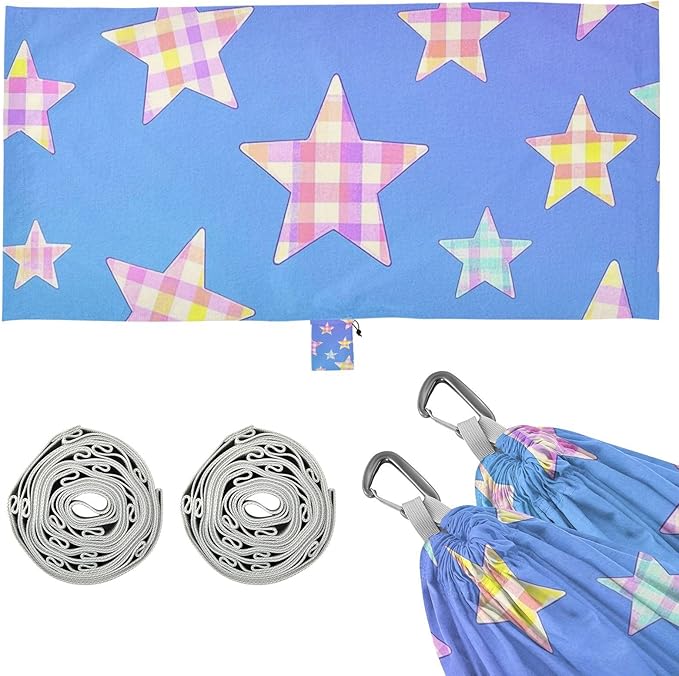 Cartoon Checkered Plaid Star Blue 330lb Capacity Camping Hammock with Tree Straps Portable Hammock for Outside Camping Essentials hamaca de Algodon para Jardin
