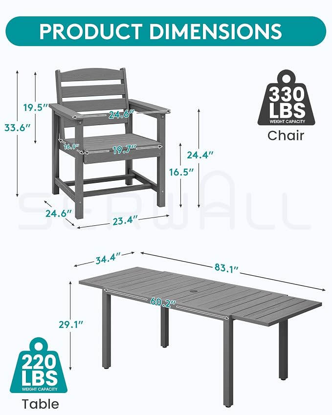 SERWALL 60" - 83" Expandable Outdoor Dining Table and 6 HDPE Chairs, Grey | Outdoor Dining Set for 6, All Weather Aluminum and HDPE Outdoor Furniture Set, Extendable Patio Dining Table