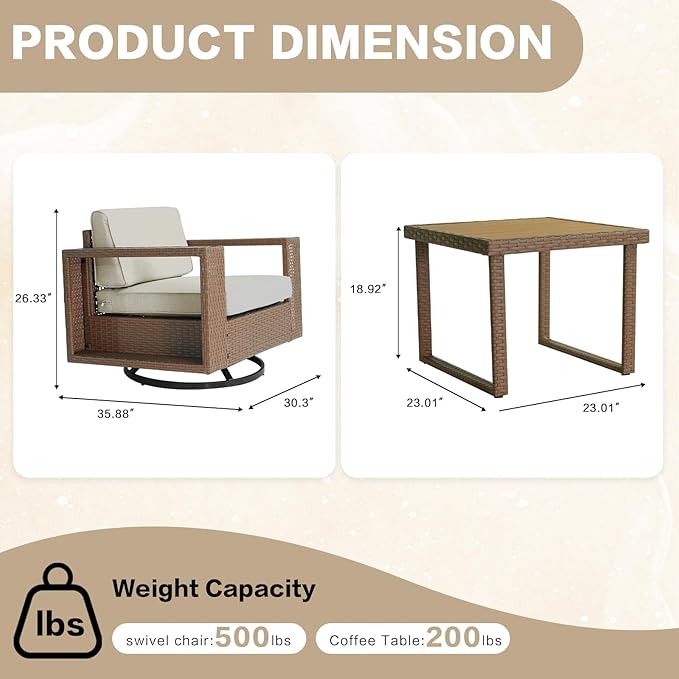 3-Piece Outdoor Patio Rocker Chair Sofa Set, PE Rattan Weaving Sofa with Thick Cushions, Coffee Table with Steel Frame and Wooden Board, Outdoor Conversation Set Brown/Light Gray Linen