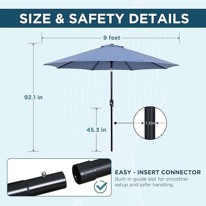 9FT Outdoor Patio Umbrella with Push Button Tilt and Crank, Market Umbrella, 8 Heavy-Duty Ribs, Outdoor Table Umbrella for Garden, Deck, Poolside & Backyard