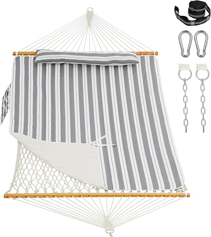 Lazy Daze Hammocks Rope Hammock with Pad, Spreader Bar, Carabiners, Tree Straps, Chains for Outside Patio- Max 450 Lbs, Light Grey Stripes