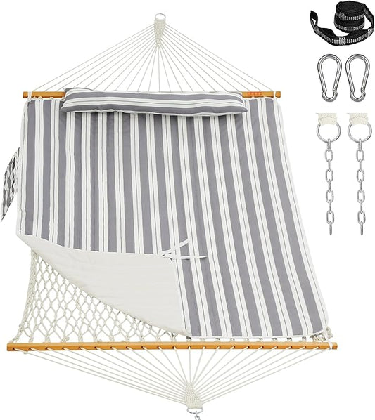 Lazy Daze Hammocks Rope Hammock with Pad, Spreader Bar, Carabiners, Tree Straps, Chains for Outside Patio- Max 450 Lbs, Light Grey Stripes
