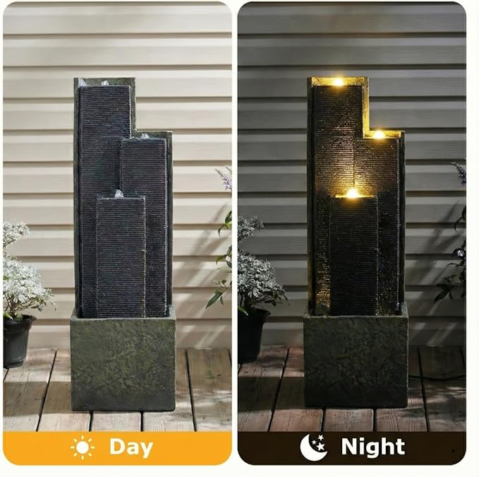 39.7''H Outdoor Water Fountain Modern Cascading Freestanding Resin Fountain with LED Lights for Garden Patio Porch Lawn Backyard Decor