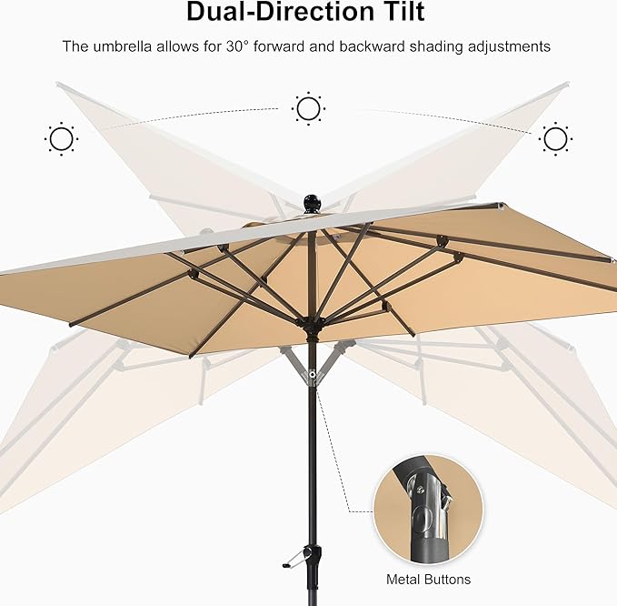 PURPLE LEAF 8' x 5' Rectangle Patio Market Umbrella with Base Outdoor Table Umbrellas Aluminum Frame Sun Shade with 8 Sturdy Ribs Tilt for Garden Deck Lawn Pool Beige