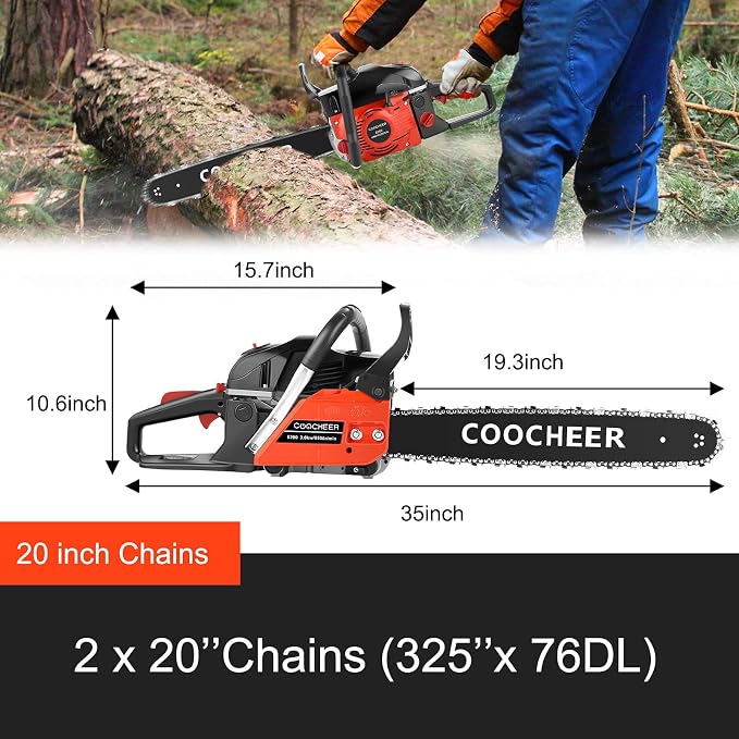 COOCHEER Powerful 62cc 20 Inch Gas Chainsaw, 3.5 HP 2-Stroke Handheld Chain Saw for Wood Cutting, Farm Clearing & Tree Trimming