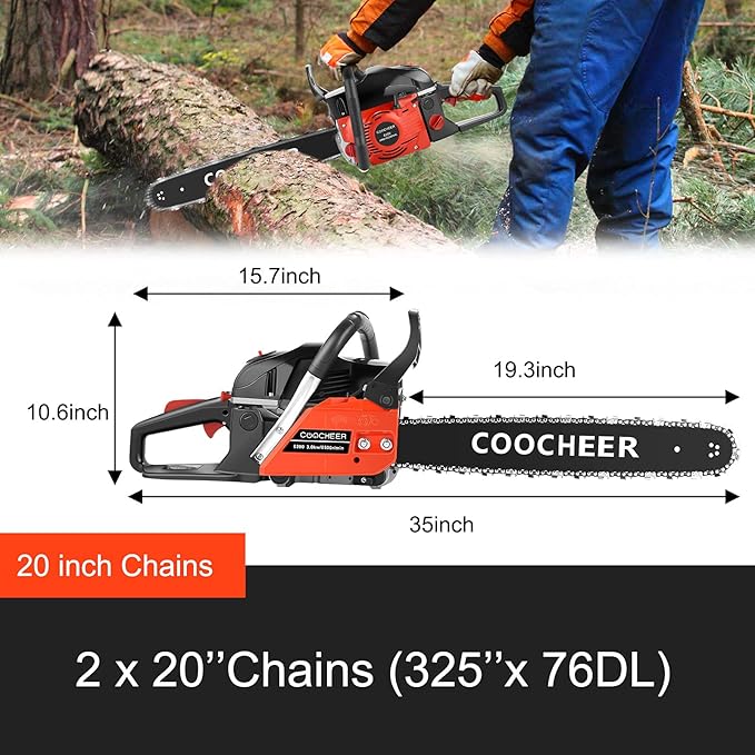 Gas Chain Saw 62CC Chainsaw 20 Inch 2-Cycle Gas Powered Chain Saws 3.5 HP Power Chain Saw Cordless Gasoline Powered Chainsaw with 2 Chains for Tree Wood Cutting