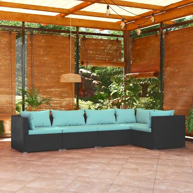 5 Piece Patio Lounge Set with Cushions, Sectional Sofa Outdoor Sofa Sets Porch Furniture Set Patio Conversation Set for Poolside Negotiation Area Garden Exhibition Poly Rattan Black