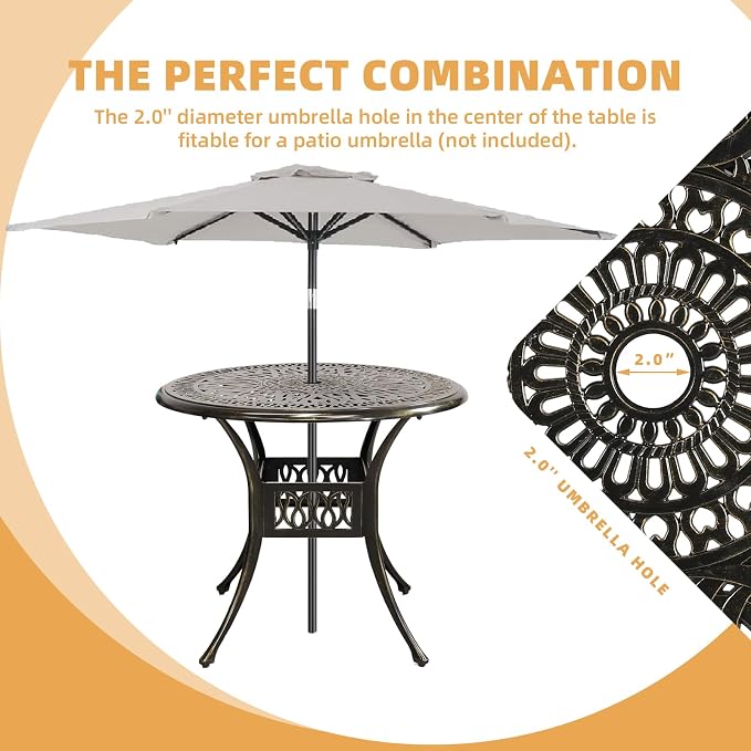 5 Piece Patio Dining Set, Outdoor Table and Chairs Set for 4 Cushioned Swivel Rocking Chairs and 35.4'' Round Table, All-Weather Cast Aluminum Patio Funiture Set, 2'' Umbrella Hole, Red