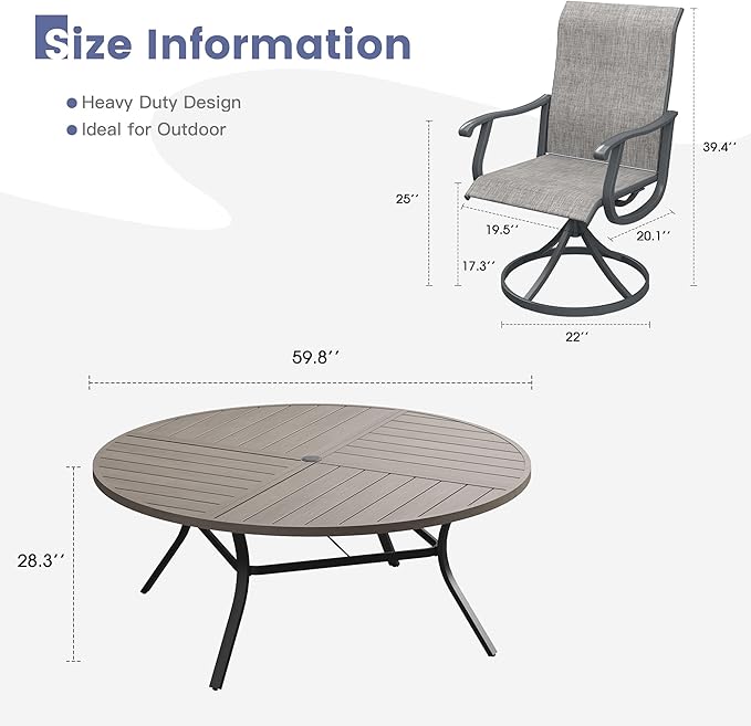 VICLLAX 9 Pieces Patio Dining Set, Patio Furniture Set of 8 Patio Swivel Dining Chairs and 60" Patio Spliced Round Tabletop, Grey Chairs & Antique Grey Tabletop