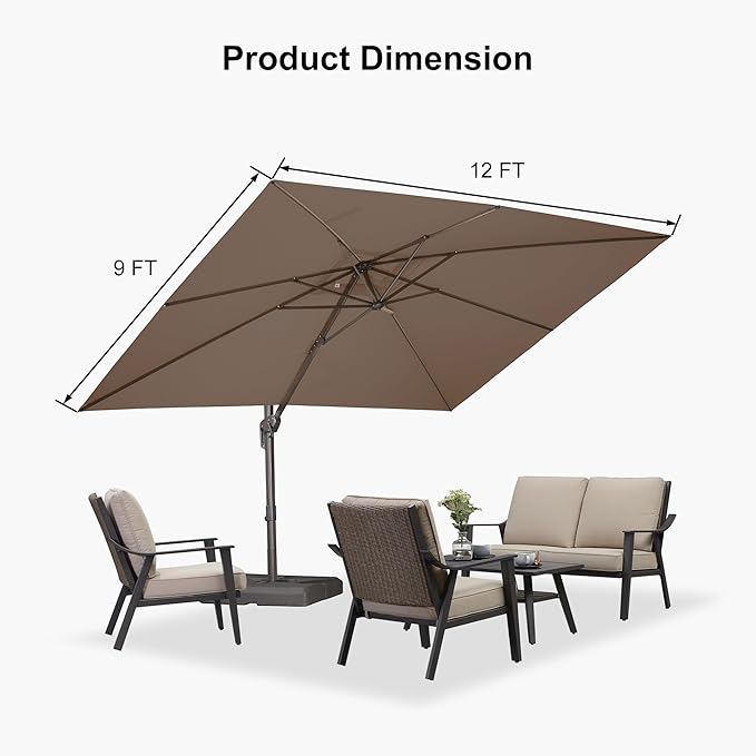 PURPLE LEAF 9' X 11.5' Rectangle Cantilever Umbrella with Base Patio Umbrella Outdoor Aluminum Antique Bronze Offset Hanging Umbrella with 360-degree Rotation for Pool Garden Backyard Deck, Taupe