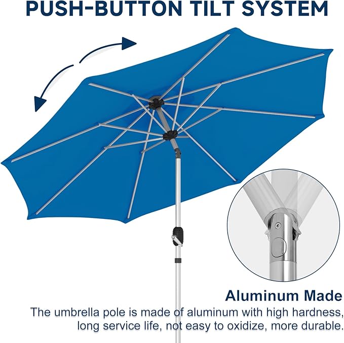 10FT Aluminum Outdoor Patio Umbrella, Fade-Resistant Market Umbrella with Push Button Tilt Function, 8 Sturdy All-Aluminum Ribs for Gardens, Patios, Backyards & Pools