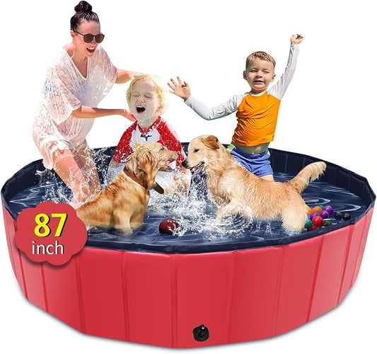CACSPS Foldable Dog Pool, 87" x 14" Large Kiddie Pool with Hard Plastic, Non-Slip Dog Bath Tub for Outdoor Backyard, Collapsible Dog Swimming Pool for Kids Dogs Pets (Red)