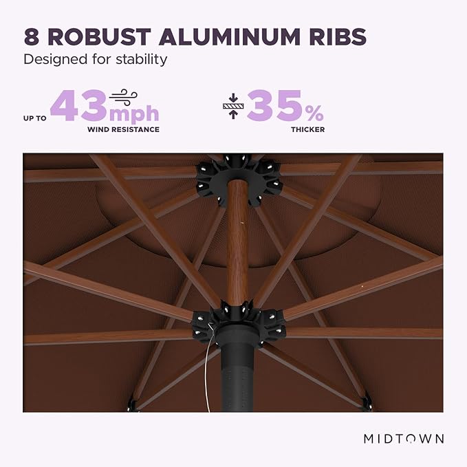 Midtown Umbrellas The Wooden 9 Feet Patio Umbrella With Sunbrella Bay Brown Acrylic Fabric - Aluminum Frame Market Umbrella For Backyard, Deck, Garden, Pool - Wooden Pole