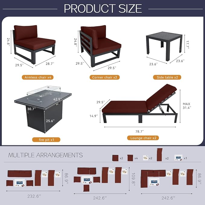 BULEXYARD 8 Person Modern Aluminum Outdoor Patio Furniture Set with Chaise & Firepit Table, 29 inch Wide Deep Seat, All Weather Modular Sectional Couch, Oversized Conversation Set for Garden Deck, Red
