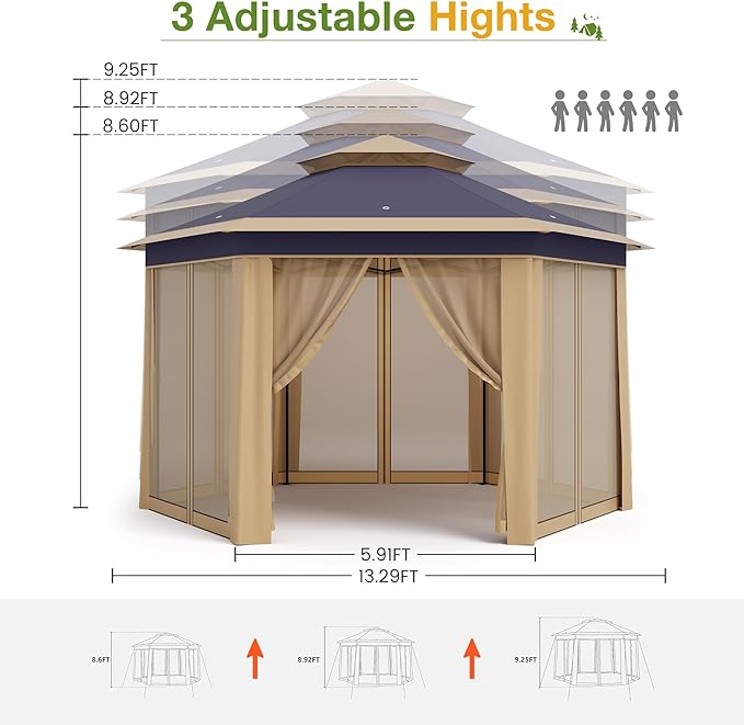 Pop Up Canopy Tent 13x13 Ft Instant Gazebo with Mosquito Netting Enclosure, Adjustable Outdoor Gazebo for Patio, Garden & Backyard Use with UV Protection & 3 Heights