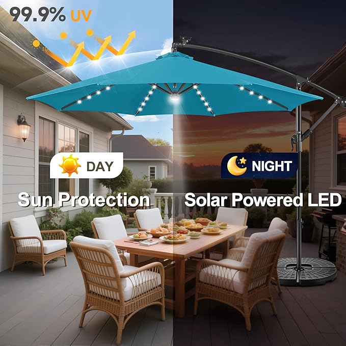 Solar Offset Patio Umbrella - 10 FT Solar Cantilever Umbrella Outdoor with 40 LED Lights and Cross Base, UV Protection for Garden, Deck, Backyard, Pool, Porch, Aqua Blue