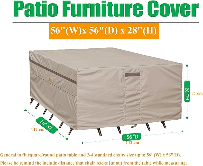 600D Heavy Duty Waterproof Patio Furniture Covers UV Resistant Square Outdoor Table and Chair Covers 56" Wx 56" D x 28" H Beige