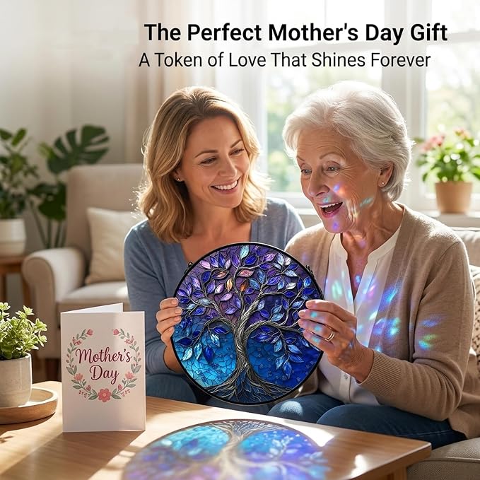 Birthday Gifts for Women - Blue Tree of Life Faux Stained Glass Window Hanging Sun Catcher for Door Garden Acrylic Decor Mother's Day Christmas for Mom Nana Grandma Sisters Wife 6.3"