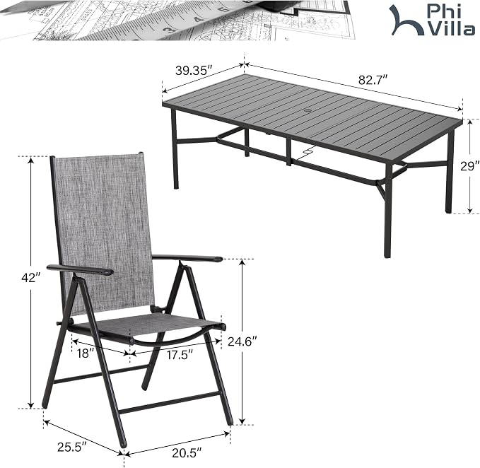 PHI VILLA Outdoor Dining Set for 8 w/Metal Table & Folding Chairs, Grey | Light-weight & space-saving, Breathable & quick-drying, Rectangular, Umbrella Hole, Weather-Resistant, Adjustable, Patio deck